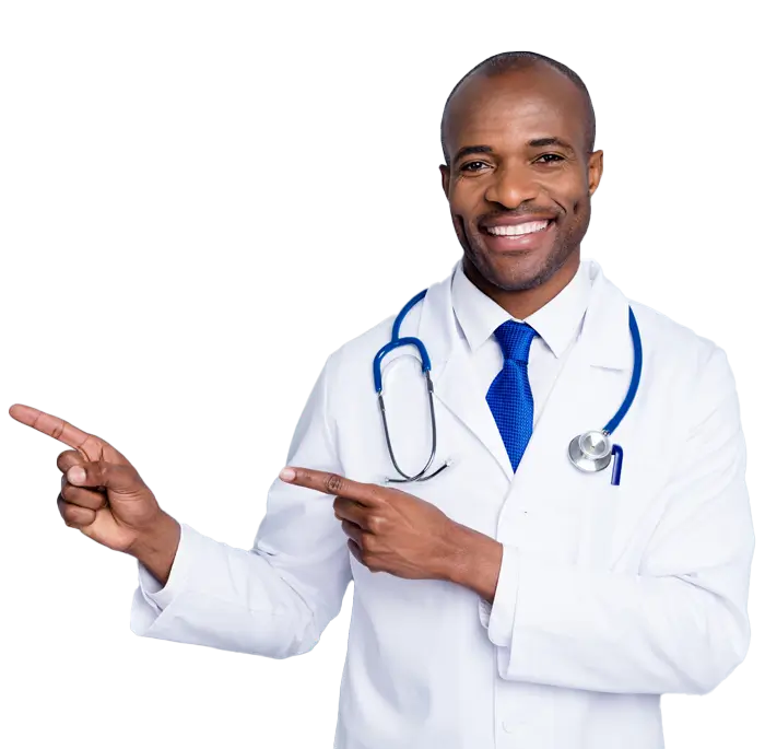 Smiling doctor in a white coat pointing