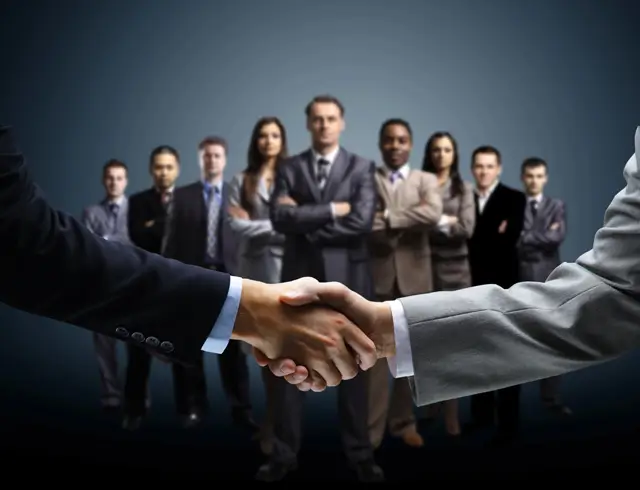 Business handshake in front of a team